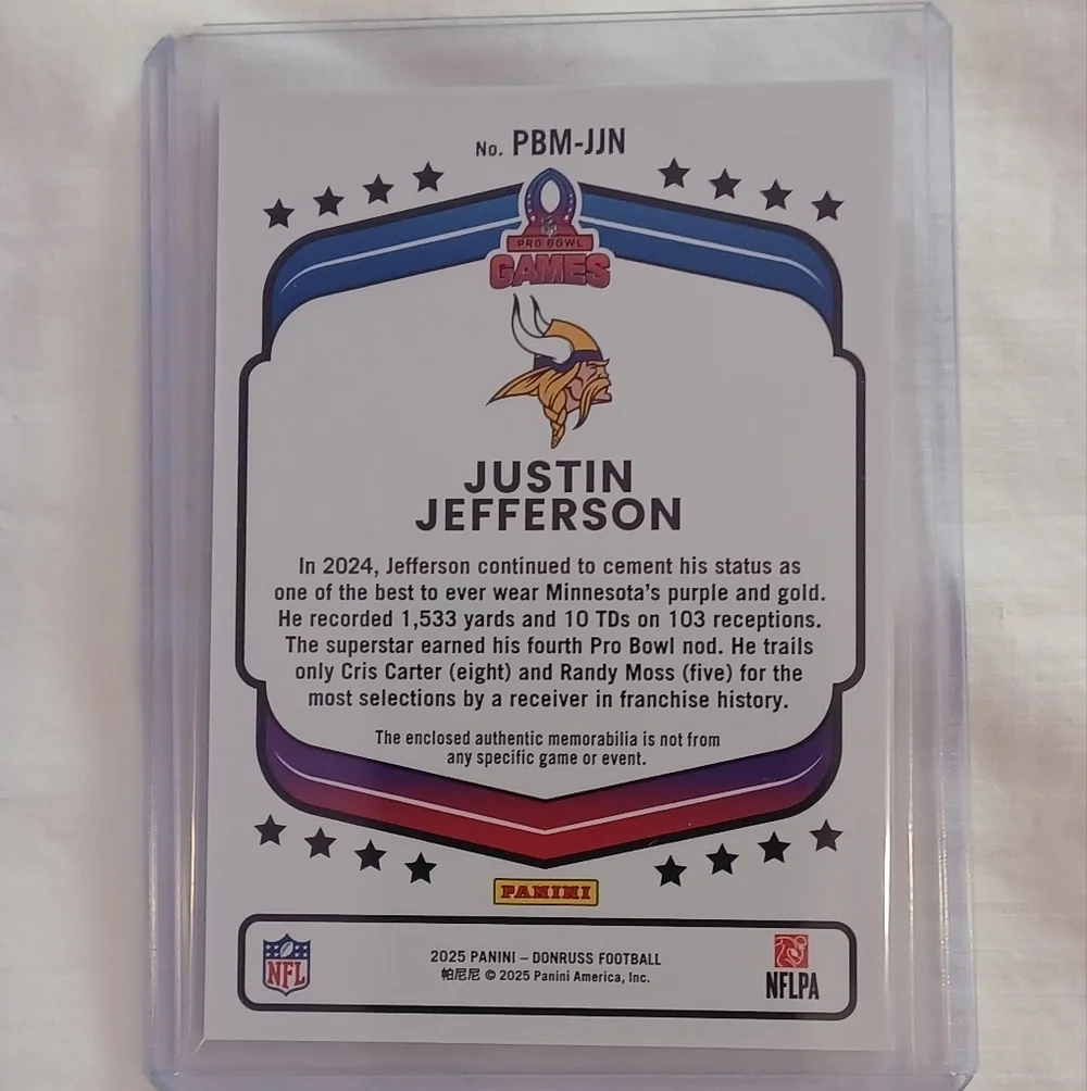 2025 Panini Donruss Football JUSTIN JEFFERSON Pro Bowl Games Patch VIKINGS